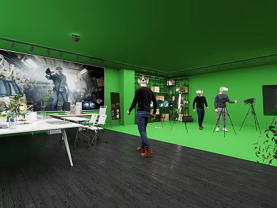 Green Public Office Space With Modern Tables People VR Headsets Plants And Tripod 3d model