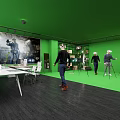 Green Public Office Space With Modern Tables People VR Headsets Plants And Tripod