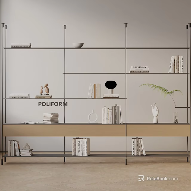 Modern Open Design Bookshelf with Metal Frame Wooden Shelves Books Decorative Sculptures and Green Plant 3d model 