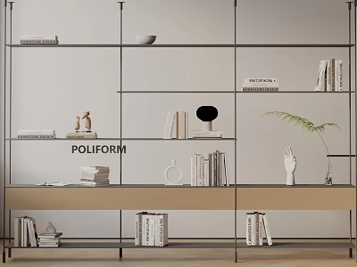 Modern Open Design Bookshelf with Metal Frame Wooden Shelves Books Decorative Sculptures and Green Plant 3d model