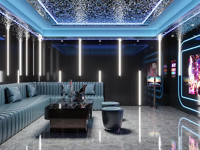 Modern KTV Private Room With Blue Sofa Coffee Table And Ambient Lighting 3d model