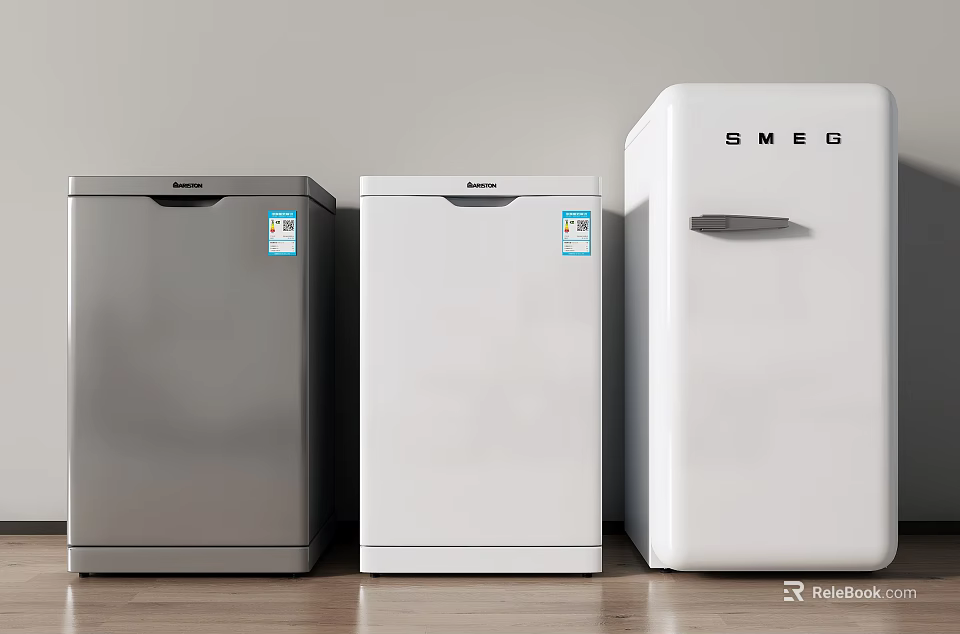 Three Different Colored Refrigerators Silver White Including SMEG Brand With Label Stickers On Wooden Floor 3d model 