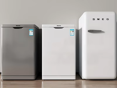 Three Different Colored Refrigerators Silver White Including SMEG Brand With Label Stickers On Wooden Floor 3d model