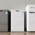 Three Different Colored Refrigerators Silver White Including SMEG Brand With Label Stickers On Wooden Floor
