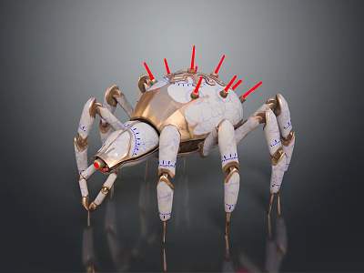 Mechanical Spider with Red Spikes White Gold Body and Blue Leg Markings Live Text 3d model