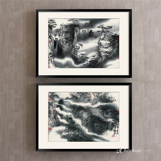 Two Framed Chinese Traditional Landscape Painting With Mountain Water Clouds And Mist Wall Art 3d model 