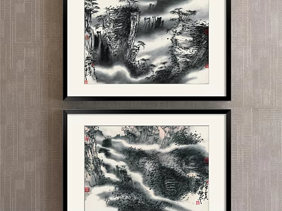Two Framed Chinese Traditional Landscape Painting With Mountain Water Clouds And Mist Wall Art 3d model