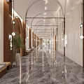 Elegant Hotel Corridor With Arched Ceilings Marble Flooring Wooden Decor And Benches