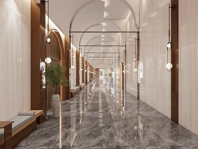 Elegant Hotel Corridor With Arched Ceilings Marble Flooring Wooden Decor And Benches 3d model