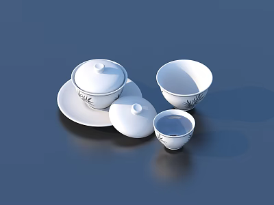 Elegant White Tableware Set With Lidded Bowl Tea Cups And Plate 3d model