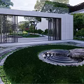 Residential Landscape With Green Lawn Stone Pathway Lush Shrubs And Traditional House