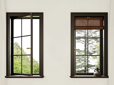 Casement Windows with Black Frame Open Outdoor View Bamboo Blinds and Sill Decor 3d model