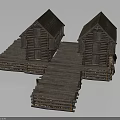 Two Wooden Log Cabins With Gabled Roofs And Wooden Planks Walkway Platform