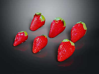 Fresh Juicy Red Strawberries With Green Leaves Arranged On Black Background 3d model