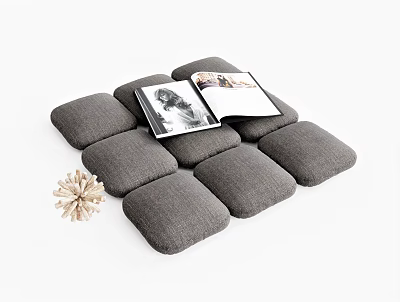 Gray Linen Square Cushions For Home Living With Open Book And Decorative Ball 3d model