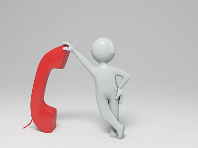3D White Figure Interacting With Red Telephone Receiver On Gray Background 3d model
