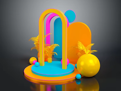 Colorful Event Entrance With Arch Design And Geometric Shapes Palm Leaves And Spheres 3d model