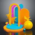 Colorful Event Entrance With Arch Design And Geometric Shapes Palm Leaves And Spheres