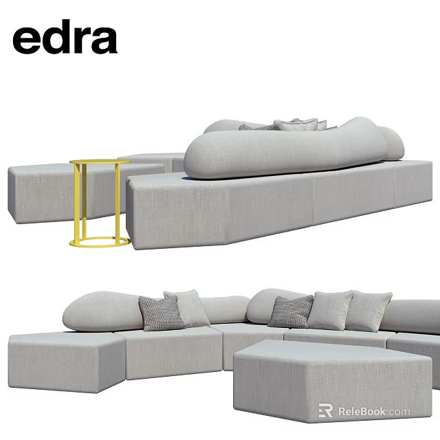 Modern Gray Curved Sofa With Yellow Side Table And Modular Seating Cushions 3d model 