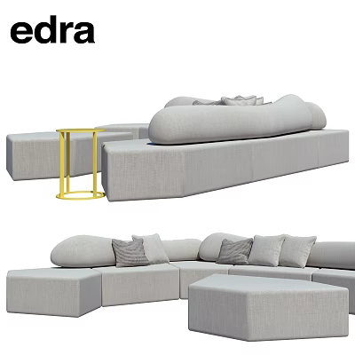 Modern Gray Curved Sofa With Yellow Side Table And Modular Seating Cushions 3d model