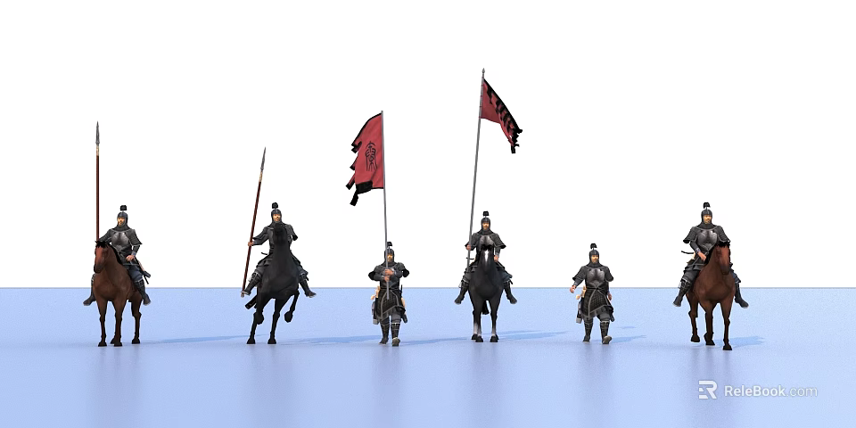 Game And Movie Characters As Ancient Soldiers On Horses With Red Flags And Armor 3d model 