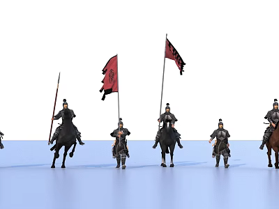 Game And Movie Characters As Ancient Soldiers On Horses With Red Flags And Armor 3d model