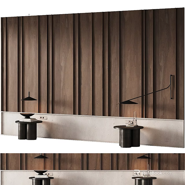 Modern Wooden Slatted Accent Wall With Side Tables And Lighting Fixtures 3d model 