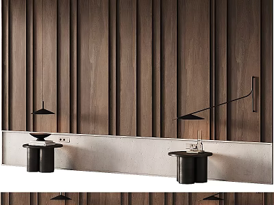 Modern Wooden Slatted Accent Wall With Side Tables And Lighting Fixtures 3d model