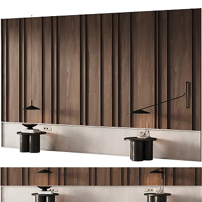 Modern Wooden Slatted Accent Wall With Side Tables And Lighting Fixtures 3d model