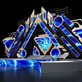 Futuristic Stage Design With Blue Lighting And Geometric Shapes