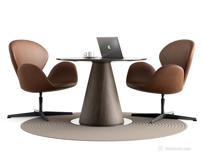 Modern Round Table And Brown Chair Set With Wooden Tabletop Metal Legs And Circular Rug 3d model 