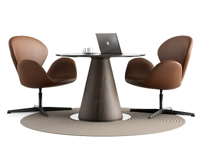 Modern Round Table And Brown Chair Set With Wooden Tabletop Metal Legs And Circular Rug 3d model