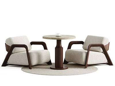 Beige Chairs With Dark Wooden Armrests And Round Table On Light Rug 3d model