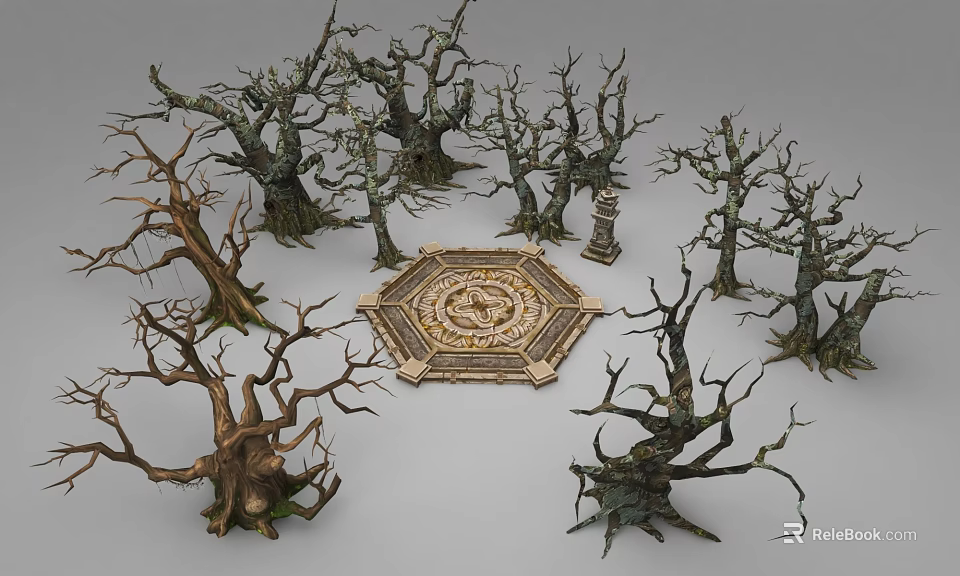 Multiple Dead Trees Surrounding Octagonal Stone Platform With Intricate Patterns 3d model