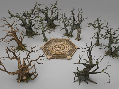Multiple Dead Trees Surrounding Octagonal Stone Platform With Intricate Patterns 3d model