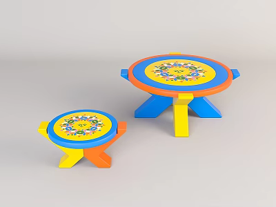 Colorful Coffee Tables with Patterned Tops Different Sizes Blue Yellow Orange Bases for Kids 3d model