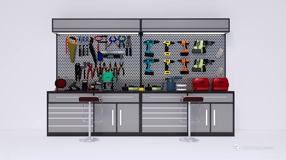 Public Facility Workbench Area With Tool Wall Storage Cabinets And Stools 3d model 