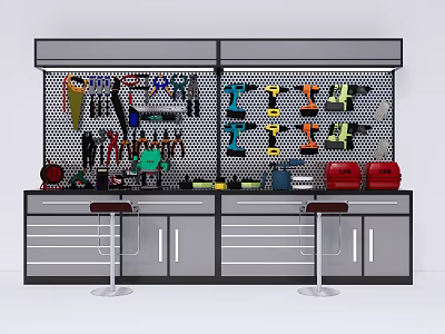 Public Facility Workbench Area With Tool Wall Storage Cabinets And Stools 3d model