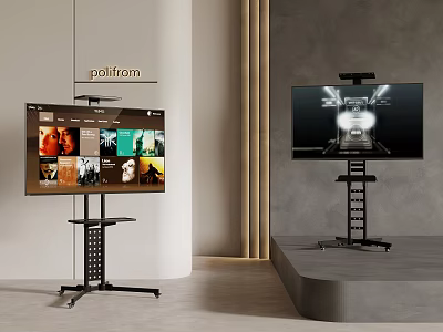 Modern Televisions With Floor Stands Display Streaming Content And Movie Scenes In Interior 3d model