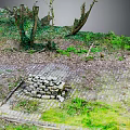 Natural Outdoor Landscape With Wooden Trees And Stone Block Structure On Brick Pavement