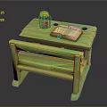 Wooden Green Yellow Kids Table with Bench Open Book and Glass Jar