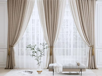 Beige Curtains With White Sheer Panels In Elegant Room With Bench And Plant 3d model