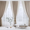 Beige Curtains With White Sheer Panels In Elegant Room With Bench And Plant