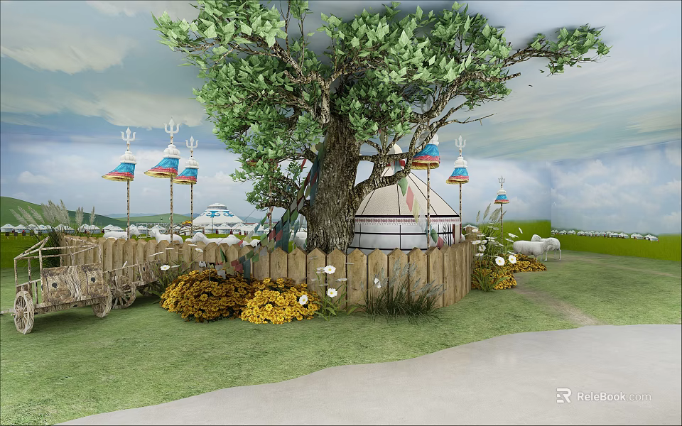 Scenic Yurt Camp Area With Big Tree Colorful Lanterns Wooden Fence Green Grass And Flowers 3d model 
