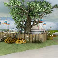Scenic Yurt Camp Area With Big Tree Colorful Lanterns Wooden Fence Green Grass And Flowers
