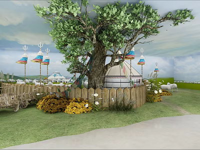 Scenic Yurt Camp Area With Big Tree Colorful Lanterns Wooden Fence Green Grass And Flowers 3d model