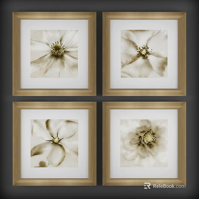 Neutral Toned Botanical Paintings in Wooden Frames with Floral Close Up Designs 3d model 