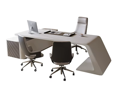 Modern Office Desk With Sleek Design Three Gray Black Office Chairs And Laptop 3d model