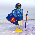 Vibrant Smart Robot With Blue Body Yellow Base Shield Sword And Star Decor On Sandy Beach