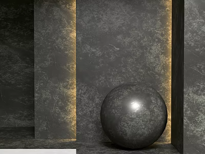 Modern Decorative Component Featuring Dark Stone Background Illuminated Strips And Metallic Sphere 3d model